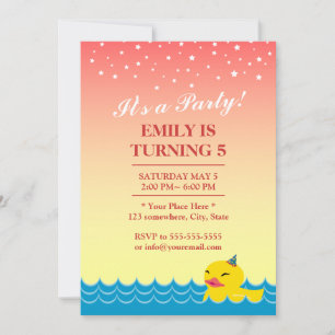 Stylish Pink Star Sky Cute Rubber Duck Birthday Invitation