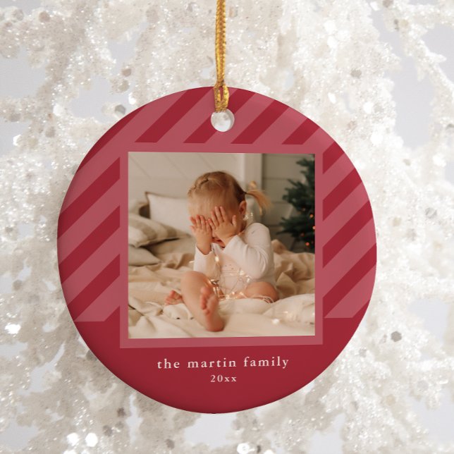 Stylish Pink Stripe Simple Photo Christmas Cerami Ceramic Tree Decoration (Creator Uploaded)