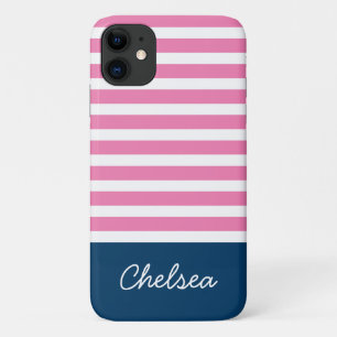 Stylish Pink Stripes Blue Name iPhone 11 Case