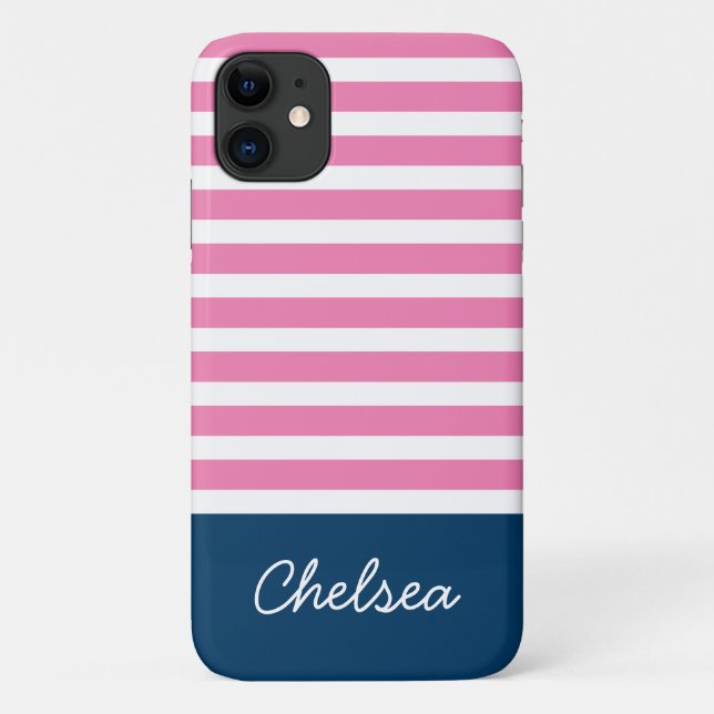 Stylish Pink Stripes Blue Name Case-Mate iPhone Case (Back)