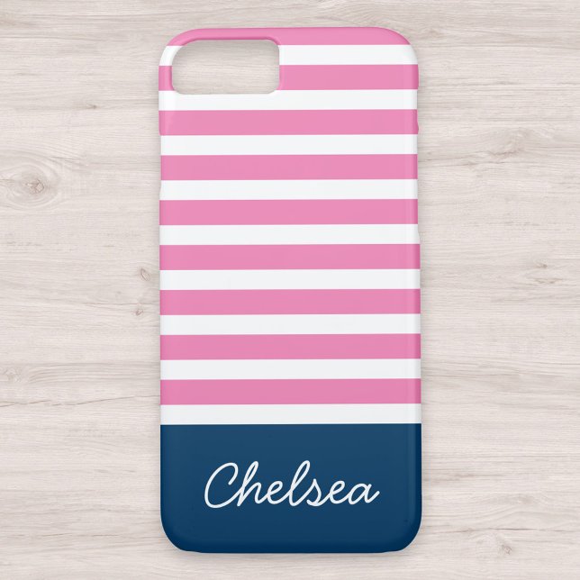 Stylish Pink Stripes Blue Name Case-Mate iPhone Case (Creator Uploaded)