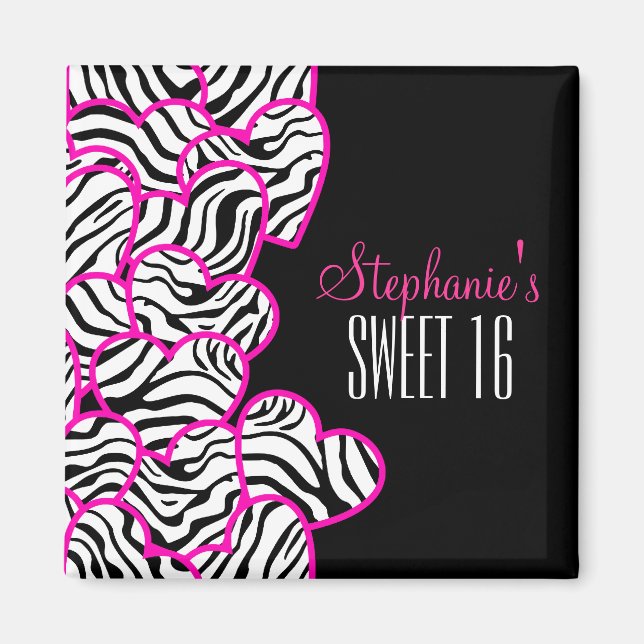 Stylish Pink Sweet 16 Zebra Heart Design Name  Magnet (Front)