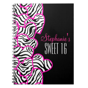 Stylish Pink Sweet 16 Zebra Heart Design Name Notebook