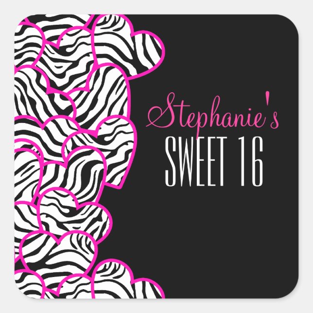 Stylish Pink Sweet 16 Zebra Heart Design Name  Square Sticker (Front)