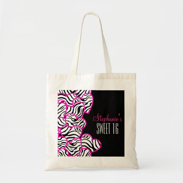 Stylish Pink Sweet 16 Zebra Heart Design Name  Tote Bag (Front)