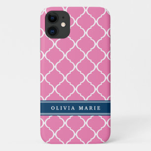 Stylish Pink Trellis Pattern Navy Blue Nameplate iPhone 11 Case