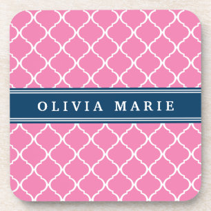 Stylish Pink Trellis Pattern Navy Blue Nameplate Coaster