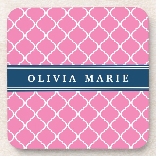 Stylish Pink Trellis Pattern Navy Blue Nameplate Coaster (Front)