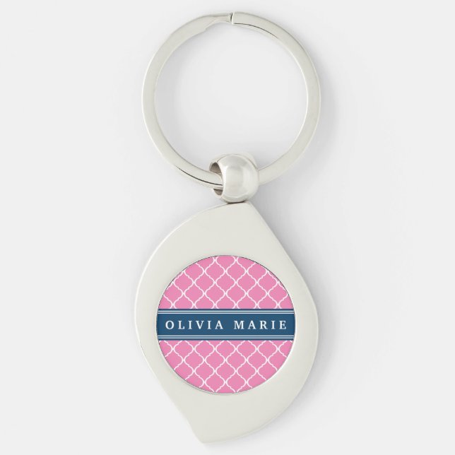 Stylish Pink Trellis Pattern Navy Blue Nameplate Key Ring (Front)