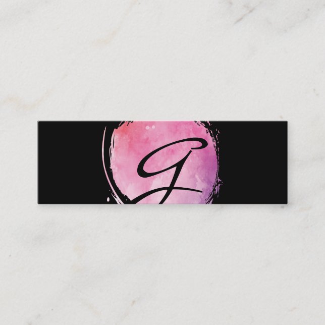 Stylish Pink Water Colour Monogram Fancy Text Mini Business Card (Front)