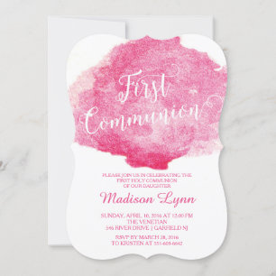 Stylish Pink Watercolor First Communion Invitation