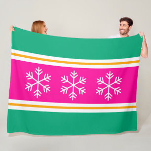 Stylish Pink White Green Blue Stripes Snowflakes Fleece Blanket