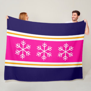 Stylish Pink White Navy Blue Stripes Snowflakes Fleece Blanket