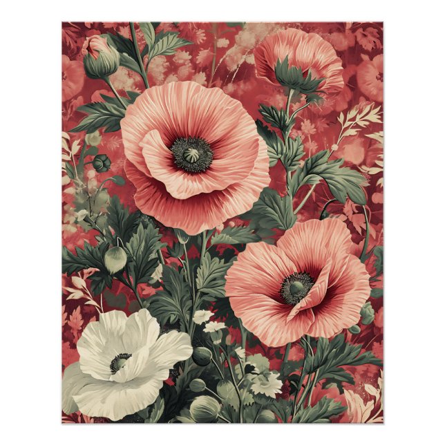 Stylish Pink White Poppies Floral Art Poster (Front)