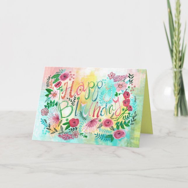 Stylish pink & yellow Birthday Flowers greeting Card (Front)