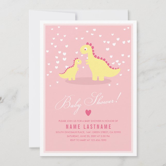 Stylish Pink Yellow Dino Girl Baby Shower Invite (Front)