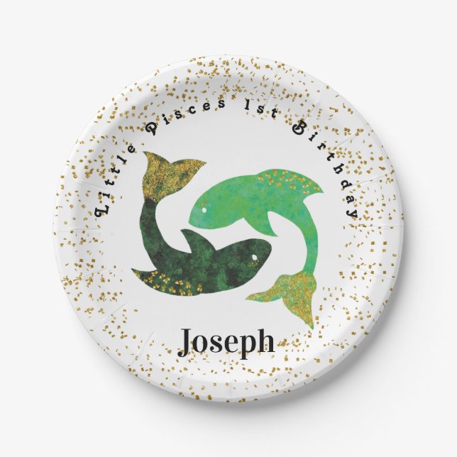 Stylish Pisces 1st Birthday & Gold Confetti Paper Plate (Front)
