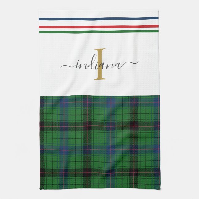 Stylish Plaid Monogram Name Rustic Tartan Tea Towel (Vertical)