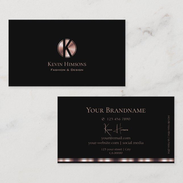 Stylish Plain Black and Rose Gold with Monogram Business Card (Front/Back)