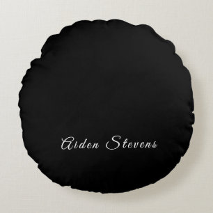Stylish Plain Black & White Minimalist Add Name Round Cushion