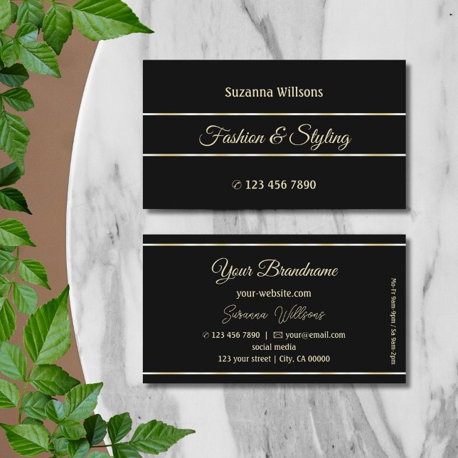 Stylish Plain Black with Chic Golden Decor Stripes Business Card (Creator Uploaded)