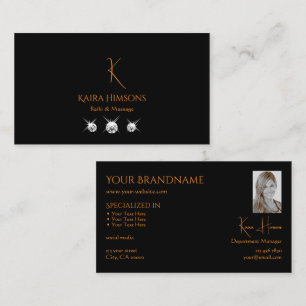 Stylish Plain Black with Monogram Photo and Jewels Business Card