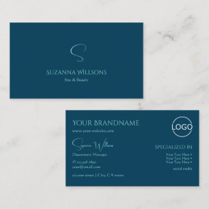 Stylish Plain Ocean Blue with Monogram and Logo Business Card