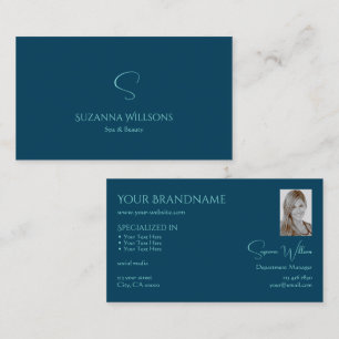 Stylish Plain Ocean Blue with Monogram and Photo Business Card