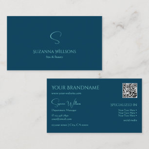 Stylish Plain Ocean Blue with Monogram and QR Code Business Card