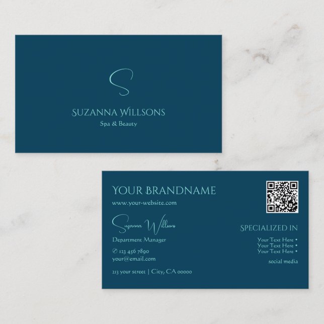 Stylish Plain Ocean Blue with Monogram and QR Code Business Card (Front/Back)