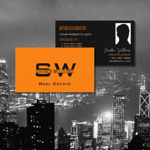 Stylish Plain Orange Black with Monogram and Photo Business Card