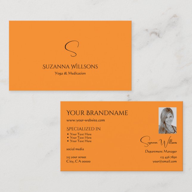 Stylish Plain Orange with Monogram and Photo Chic Business Card (Front/Back)