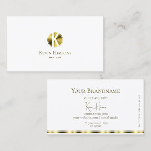 Stylish Plain White and Gold with Monogram Modern Business Card