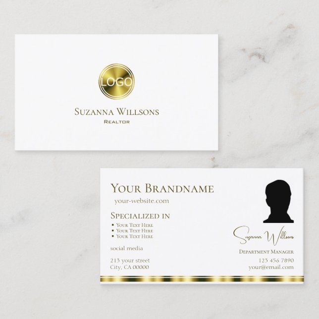 Stylish Plain White Gold with Logo and Photo Chic Business Card (Front/Back)