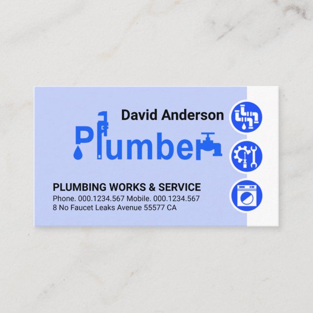 Stylish Plumber Signage Blue Plumbing Icons Business Card (Front)