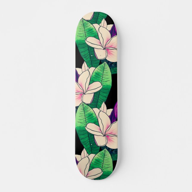 Stylish Plumeria Flower Tropical Green Foliage Skateboard (Front)