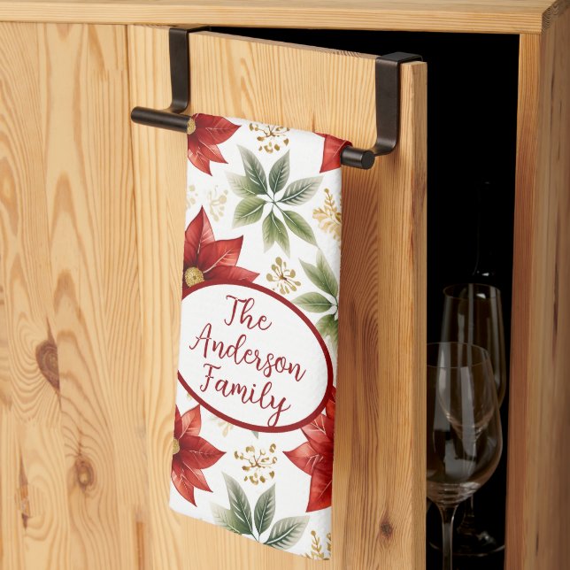 Stylish Poinsettia Floral Flower Christmas  Tea Towel (Thirds Fold)