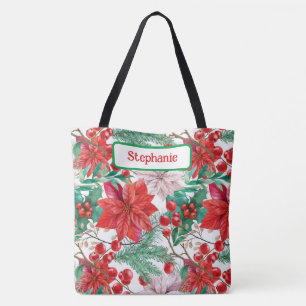 Stylish Poinsettias, Holly Berries, Pine Boughs Tote Bag