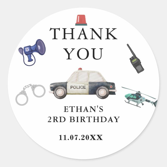 Stylish Police Kids Birthday Classic Round Sticker (Front)