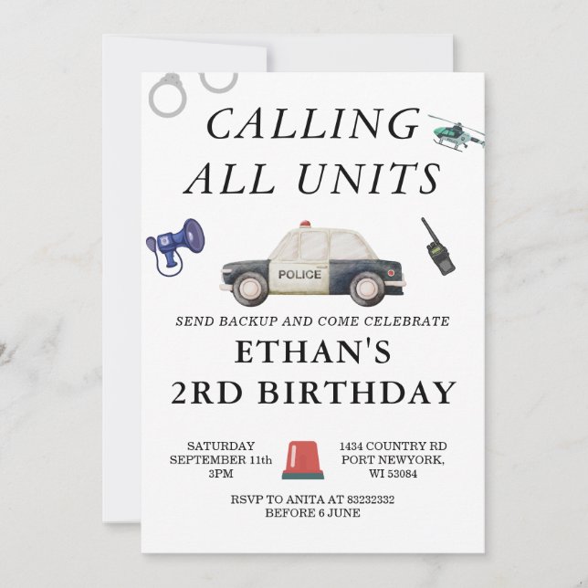 Stylish Police Kids Birthday Invitation (Front)