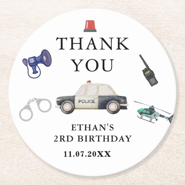Stylish Police Kids Birthday Round Paper Coaster (Front)