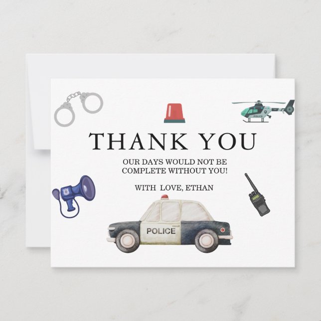 Stylish Police Kids Birthday Thank You Card (Front)