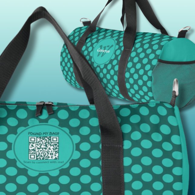 Stylish Polka Dot Pattern Smart Dynamic QR Code Duffle Bag (Chic Polka Dots Theme Smart Dynamic QR Code Small Duffle Bag  - Turquoise & Teal - Monogram & Name)