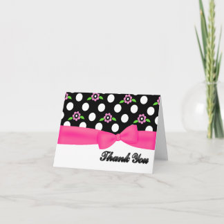Stylish Polka Dot & Pink Flowers Thank You Card