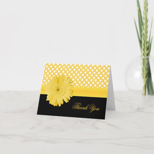 Stylish Polka Dot & Yellow Daisy Thank You Card (Front)