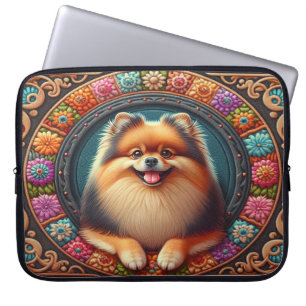 Stylish Pomeranian Dog Floral Colourful Border Laptop Sleeve