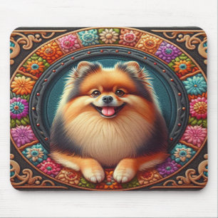 Stylish Pomeranian Dog Floral Colourful Border Mouse Mat