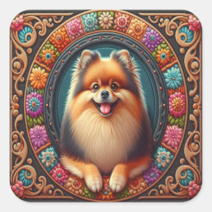 Stylish Pomeranian Dog Floral Colourful Border Square Sticker