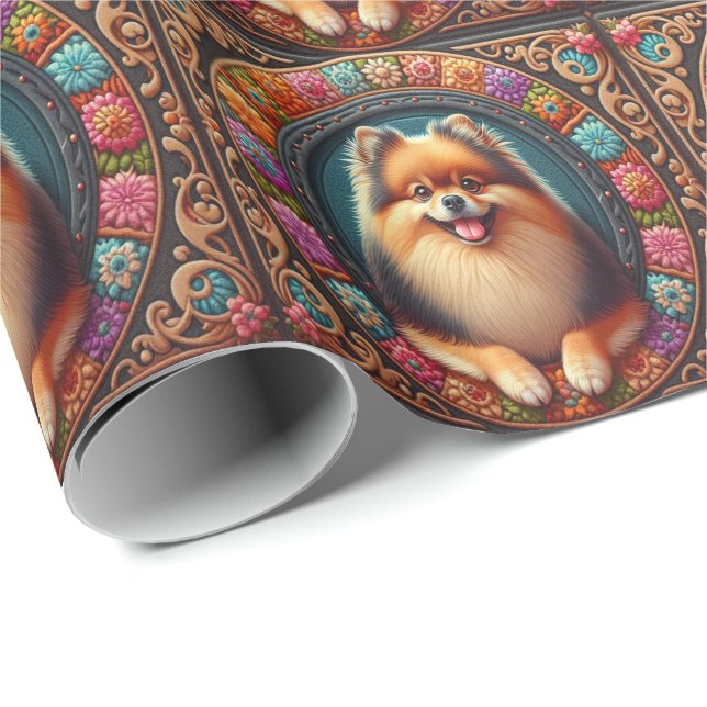 Stylish Pomeranian Dog Floral Colourful Border Wrapping Paper (Roll Corner)
