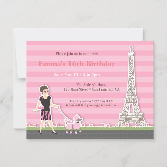 Stylish Poodle Eiffel Tower Paris Birthday Party Invitation (Front)